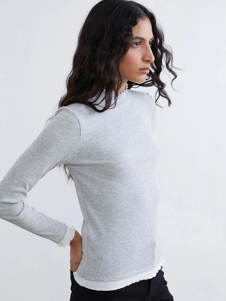 LCW Modest Gri Fırfırlı Dik Yaka Kadın Body ürün görseli 1