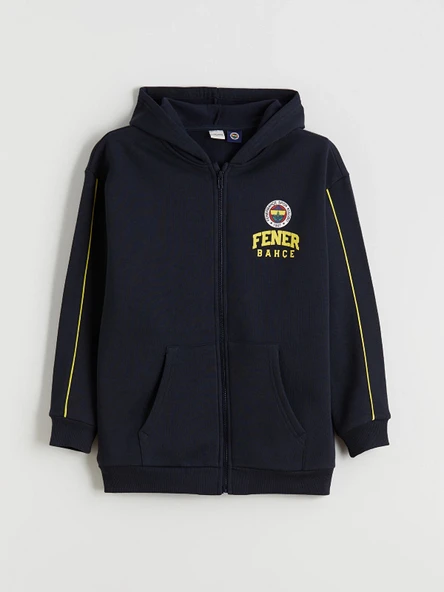 LCW Kids Lacivert Kapüşonlu Baskılı Erkek Çocuk Fermuarlı Sweatshirt ürün görseli 1