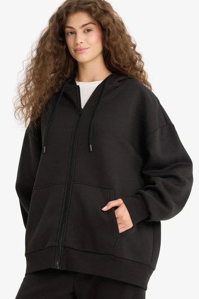Defacto V4233AZBK81 Siyah Oversize Geniş Kalıp Kapüşonlu Fermuarlı Sweatshirt ürün görseli 1