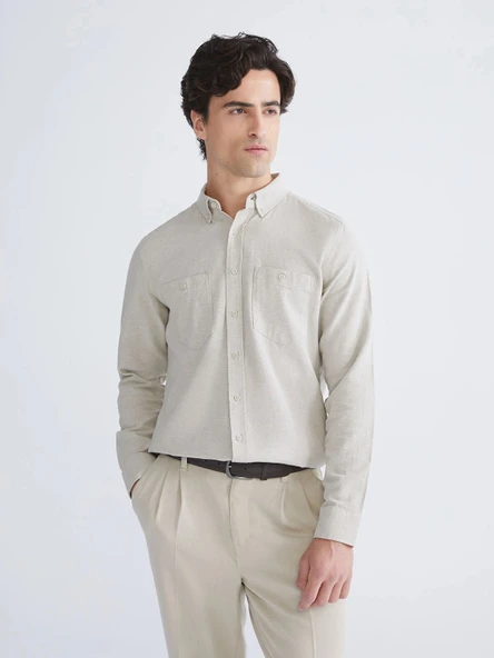 LCWAIKIKI Classic Bej Regular Fit Uzun Kollu Gabardin Erkek Gömlek ürün görseli 1