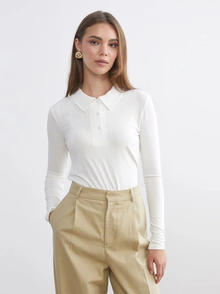 LCW Modest Ekru Polo Yaka Fitilli Kadın Tişört ürün görseli 1