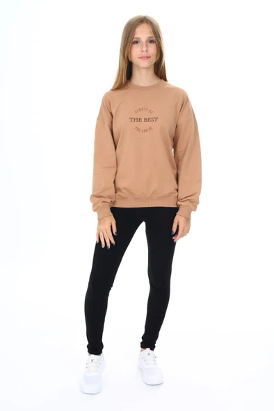 Toontoy Kız Çocuk 2'li Takım Baskılı Bisiklet Yaka Düşük Omuz Sweatshirt & Basic Düz Tayt ürün görseli 1