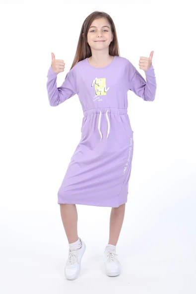 Toontoy Kız Çocuk Baskılı Relax Fit Bisiklet Yaka Uzun Kollu Bağcıklı Elbise - ürün görseli 1