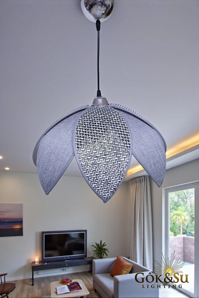 Rattan Papatya Model Siyah Gri Renk Avize - Resim 2