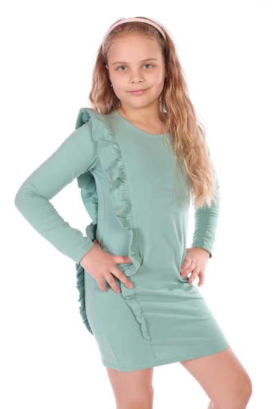 Toontoy Kız Çocuk Regular Fit Bisiklet Yaka Uzun Kollu Fırfırlı Elbise ürün görseli 1