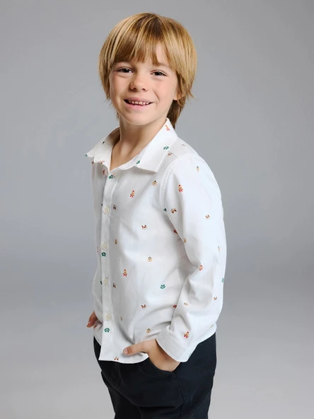 LCW Kids Beyaz Regular Fit Baskılı Erkek Çocuk Gömlek ürün görseli 1