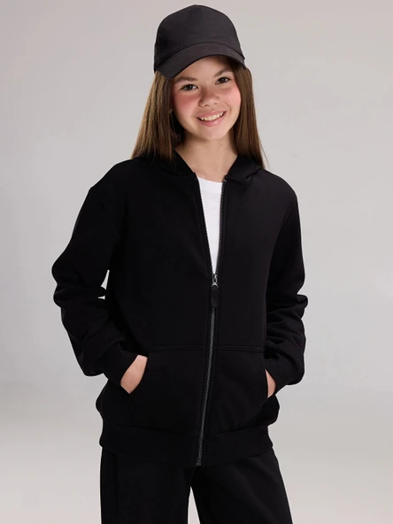 LCW Kids Siyah Uzun Kollu Kız Çocuk Fermuarlı Sweatshirt ürün görseli 1