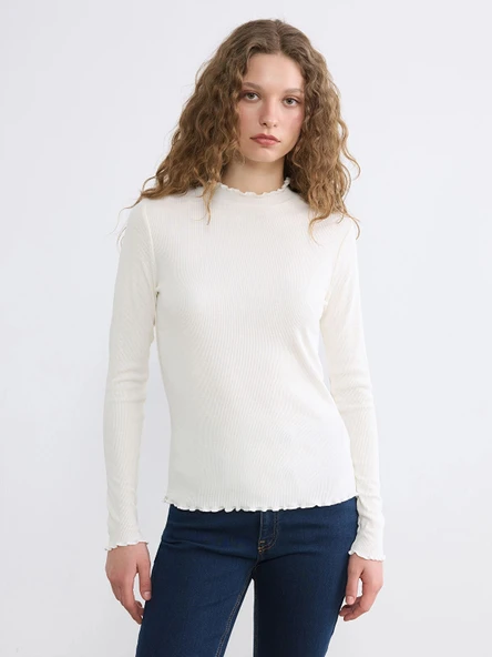 LCW Modest Ekru Fırfırlı Dik Yaka Kadın Body ürün görseli 1