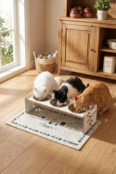 Ahşap Üç Gözlü Ayarlanabilir Kedi-Köpek Mama Ve Su Kabı ürün görseli 1