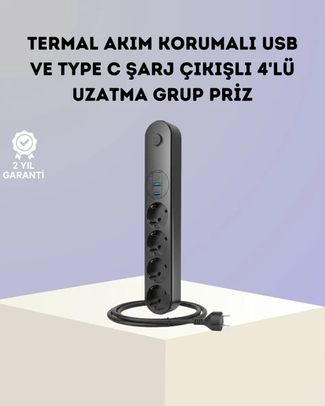 Akım Korumalı Çoklu Priz 4’lü 2 USB 1 Type-C 2500W Güçlü Tasarım ürün görseli 1