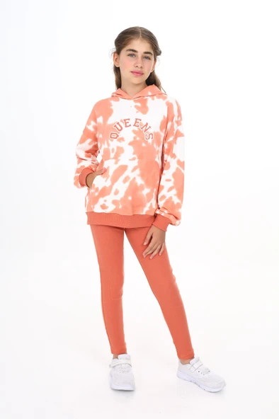 Toontoy Kız Çocuk 2'li Takım Baskılı Kapüşonlu Düşük Omuz Cepli Sweatshirt & Basic Düz Tayt ürün görseli 1