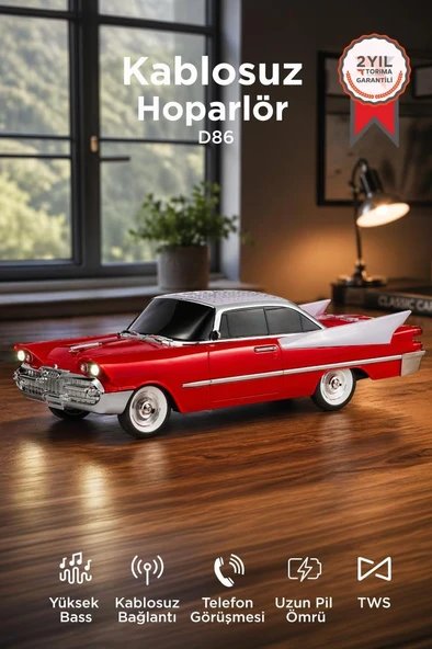Bluetooth Hoparlör Retro Klasik Araba Tasarımlı TWS 10W FM USB Speaker D86 Kırmızı ürün görseli 1