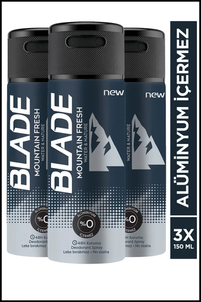 Blade Mountain Fresh Erkek Alüminyumsuz Deodorant 3x150ml Hızlı Kurur,Leke Bırakmaz ürün görseli 1