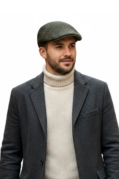 Erkek Haki Kapitone Desenli Kasket Şapka - Kışlık Flat Cap8176 ürün görseli 1