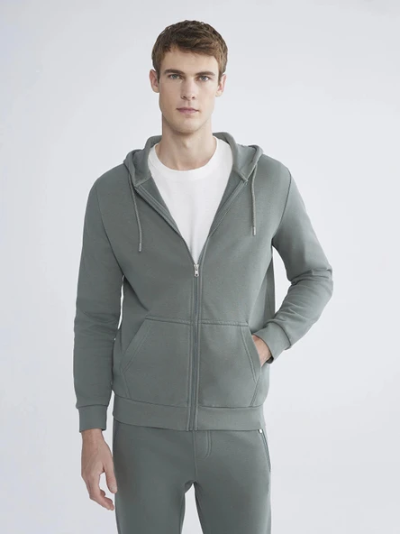 LCWAIKIKI Classic Yeşil Kapüşonlu Uzun Kollu Erkek Fermuarlı Sweatshirt ürün görseli 1