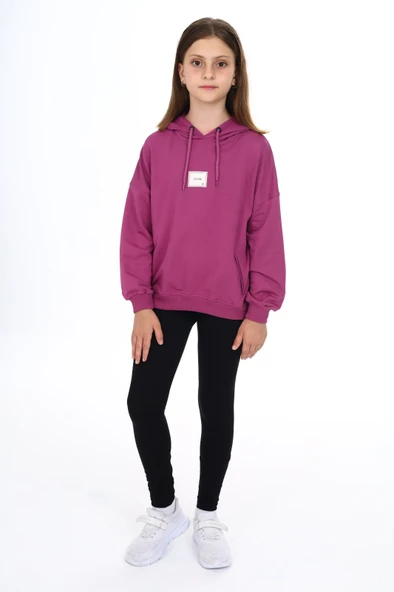 Toontoy Kız Çocuk 2'li Takım Baskılı Kapüşonlu Düşük Omuz Cepli Sweatshirt & Basic Düz Tayt ürün görseli 1