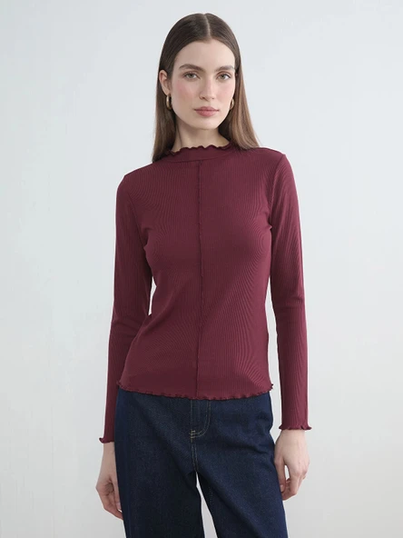 LCW Modest Bordo Fırfırlı Dik Yaka Kadın Body ürün görseli 1