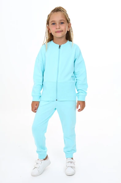 Toontoy Kız Çocuk 2'li Takım Baskılı Bisiklet Yaka Fermuarlı Ribanalı Sweatshirt & Beli Paçası Ribanalı Jogger Eşofman Altı - TK24218 ürün görseli 1