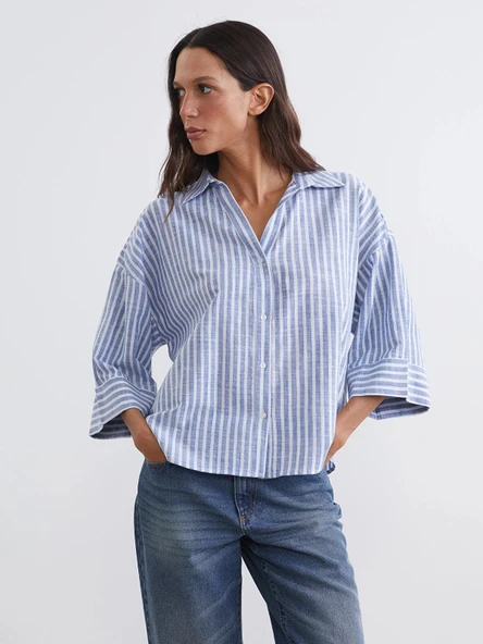 LCW Vision Mavi Çizgili Oversize Poplin Kadın Gömlek ürün görseli 1