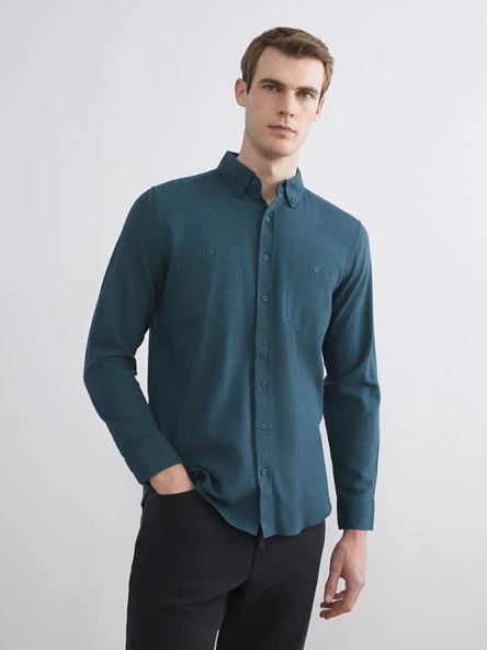 LCWAIKIKI Classic Yeşil Regular Fit Uzun Kollu Gabardin Erkek Gömlek ürün görseli 1