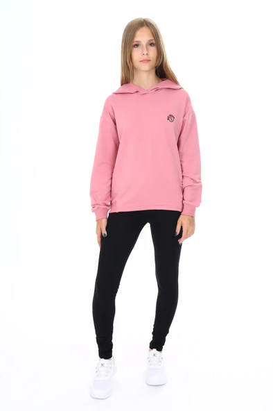 Toontoy Kız Çocuk 2'li Takım Baskılı Kapüşonlu Düşük Omuz Sweatshirt & Basic Düz Tayt ürün görseli 1