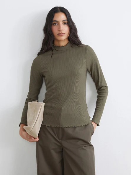 LCW Modest Haki Fırfırlı Dik Yaka Kadın Body ürün görseli 1
