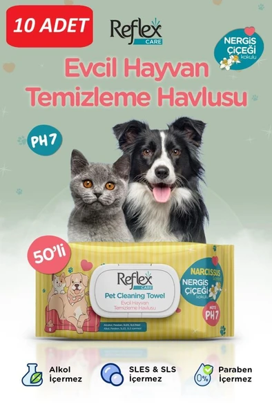 REFLEX CARE EVCİL HAYVANLAR İÇİN ÇOK AMAÇLI HİJYENİK TEMİZLEME HAVLUSU 50'Lİ - NERGİS ÇİÇEĞİ KOKULU*10 PAKET ürün görseli 1