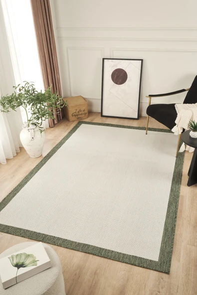 Sisalux 3090 Krem Yeşil Sisal Dokuma Jüt Kilim Hav Toz Vermez Halı Salon Mutfak Oturma Odası Halısı ürün görseli 1