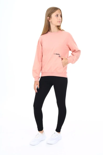 Toontoy Kız Çocuk 2'li Takım Baskılı Bisiklet Yaka Düşük Omuz Cepli Sweatshirt & Basic Düz Tayt ürün görseli 1
