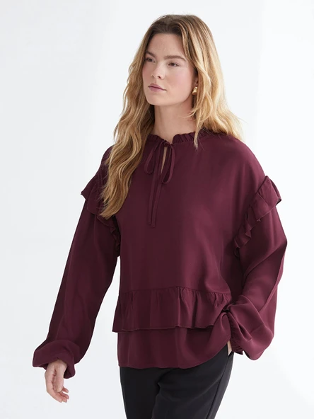 LCWAIKIKI Classic Bordo Bağlamalı Yaka Oversize Fırfırlı Bluz ürün görseli 1