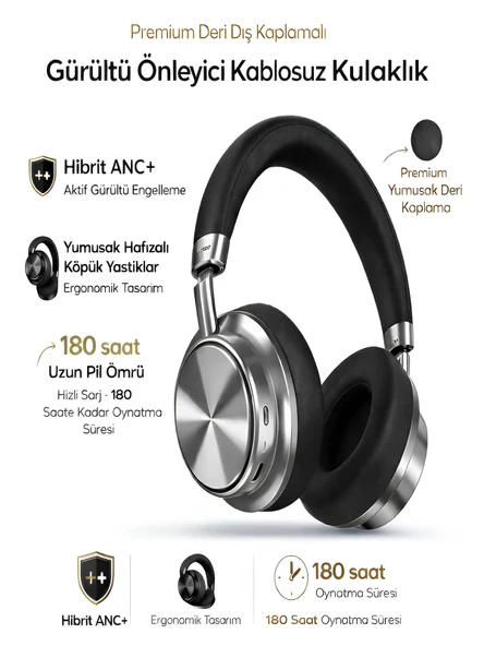 500mAh Premium Deri Kablosuz Hybrid ANC 6.0 Bluetooth Kulak Üstü Kulaklık Gürültü Önleyici Stereo - Siyah ürün görseli 1