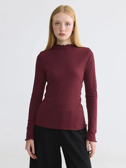 LCW Modest Bordo Fırfırlı Dik Yaka Kadın Body ürün görseli 1