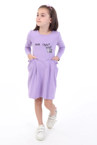 Toontoy Kız Çocuk Baskılı Relax Fit Bisiklet Yaka Uzun Kollu Cepli Elbise - ürün görseli 1