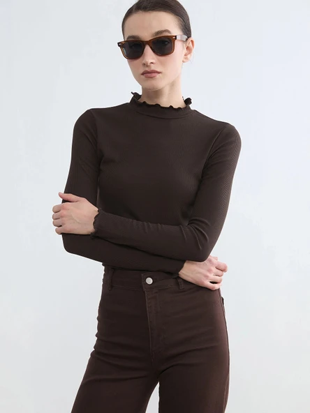 LCW Modest Kahverengi Fırfırlı Dik Yaka Kadın Body ürün görseli 1