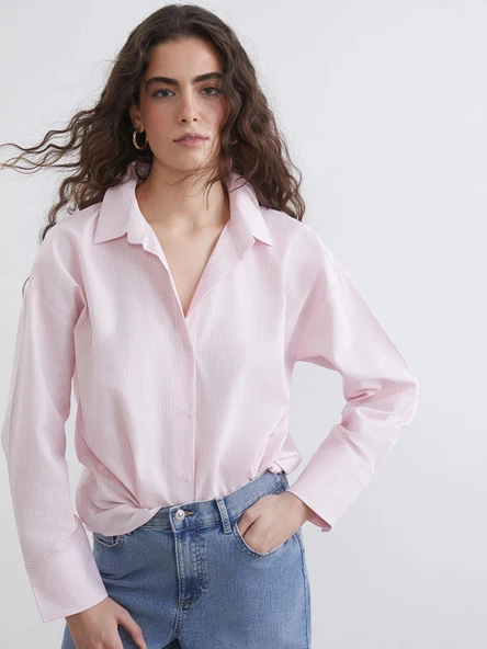 LCW Vision Pembe Çizgili Oversize Oxford Kadın Gömlek ürün görseli 1