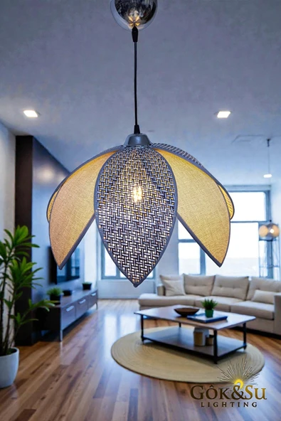 Rattan Papatya Model Siyah Gri Renk Avize - Resim 3