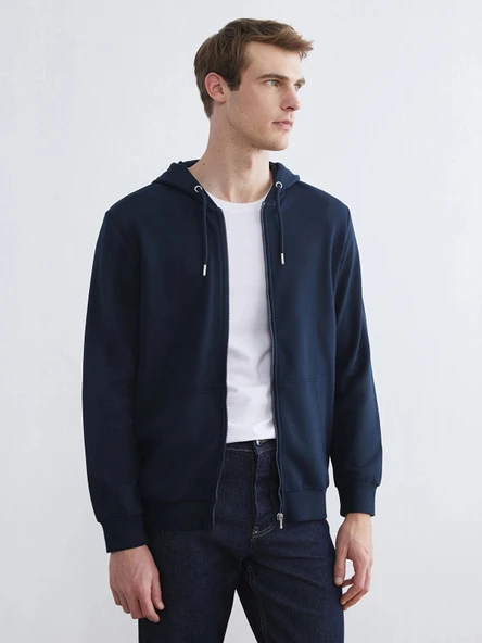 LCWAIKIKI Classic Lacivert Kapüşonlu Uzun Kollu Erkek Fermuarlı Sweatshirt ürün görseli 1