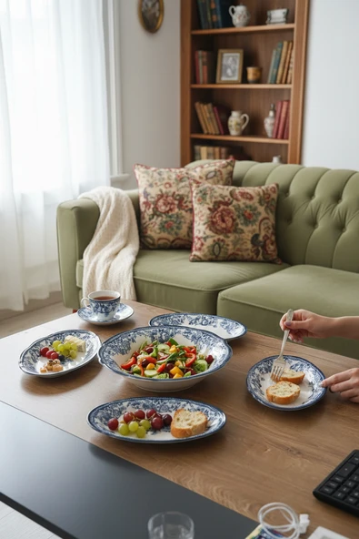 Akayev Porselen Vintage Blue 5 Parça Salata Kayık Servis Takımı Servis Takımı ürün görseli 1