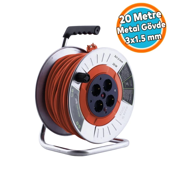 Makaralı Metal Seyyar CCA Kablo 4 Prizli Monofaze Uzatma Kablosu 3x1.5 mm TTR Kablo 20 Metre ürün görseli 1