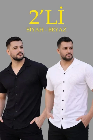 Erkek Waffle Dokuma Açık Yakalı Düğmeli Regular Kalıp 2’li Gömlek Seti - Siyah - Beyaz ürün görseli 1