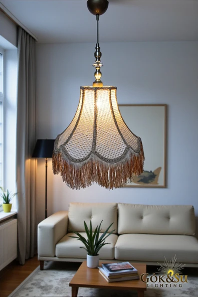 Retro Vintage Rattan Püsküllü Sarkıt Avize - Salon Oturma Odası ürün görseli 1