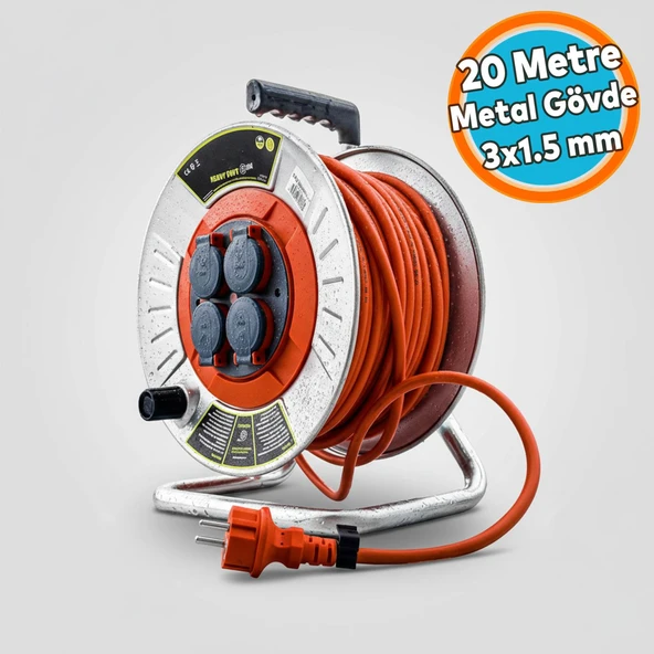 Metal Makaralı Seyyar Kablo Kapaklı 4 Prizli Metal Uzatma Kablosu 3x1.5 mm CCA Kablo 20 Metre ürün görseli 1