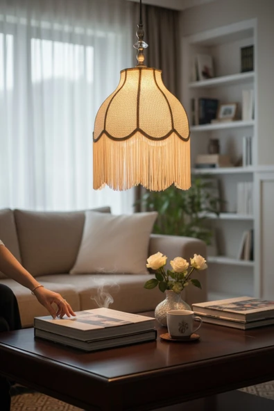 Retro Vintage Rattan Püsküllü Sarkıt Avize - Salon Oturma Odası ürün görseli 1