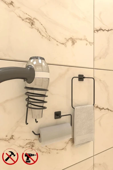 TncPatiShop Yapışkanlı Kare 3'lü Banyo Aksesuar Seti Kare Havlu Askısı - Fön Askısı Ve Solo Havluluk ürün görseli 1