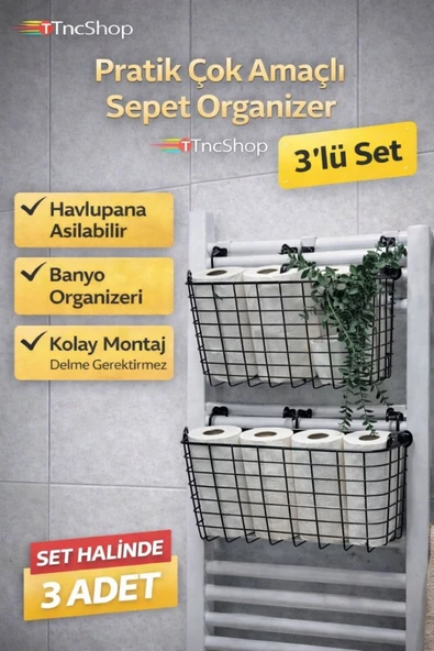 TncPatiShop Asılabilir Havlupan Düzenleyici 3 ADET Çok Amaçlı Asılabilir Organizer Sepet Düzenleyici ürün görseli 1