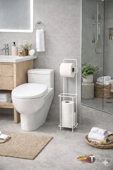 TncPatiShop Kare Beyaz Standlı Yedekli Çok Amaçlı Metal Tuvalet WC Kağıtlığı Yedek Rulo Bölmeli - Beyaz Kare ürün görseli 1