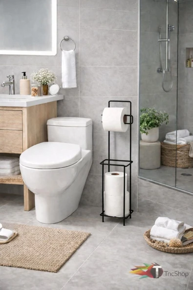 TncPatiShop Standlı Tuvalet Kağıtlığı Metal WC Kağıtlık Yedek Rulo Bölmeli Siyah ürün görseli 1