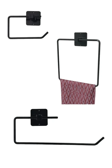 TncPatiShop 3'lü Set : Kare Yapışkanlı Siyah Metal Set Kare Havluluk + Kağıt Rulo Havluluk + Tuvalet Kağıtlığı ürün görseli 1
