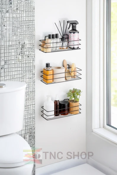 TncPatiShop Yapışkanlı Kancalı 3 Adet 3 Katlı Banyo Duş Şampuanlık Duvar Mutfak Rafı Düzenleyici Siyah Organizer ürün görseli 1