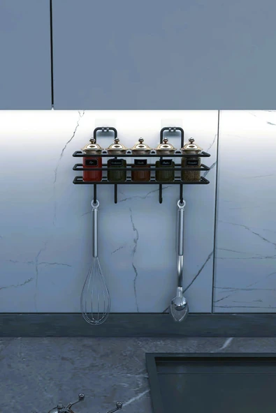 TncPatiShop Yapışkanlı 4 Adet Kancalı Banyo Mutfak Rafı Banyo Duş Duvar Düzenleyici Organizer Raf Siyah ürün görseli 1